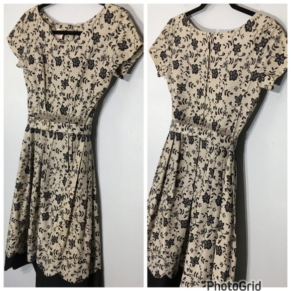 Vintage 50s Tan Floral Fit and Flare Party Dress Matching Belt Pleated Skirt VLV - Picture 3 of 16